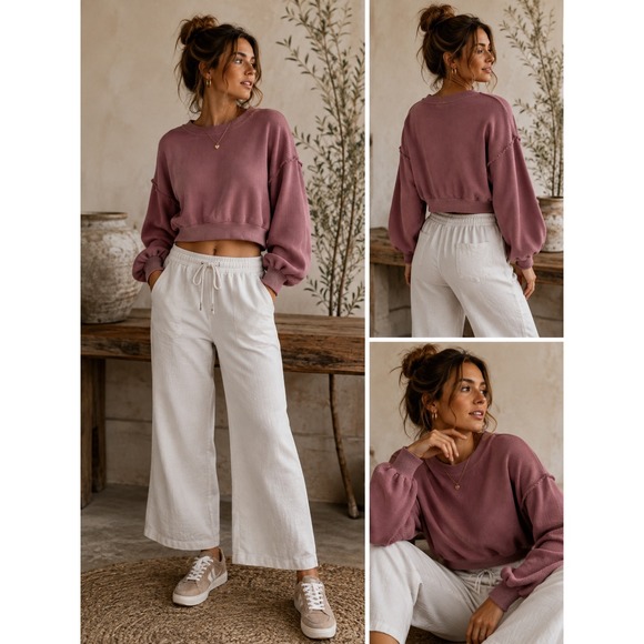 Free People Tops - Free People Beach XS Mauve Textured Waffle Knit Crop Balloon Sleeve Sweatshirt